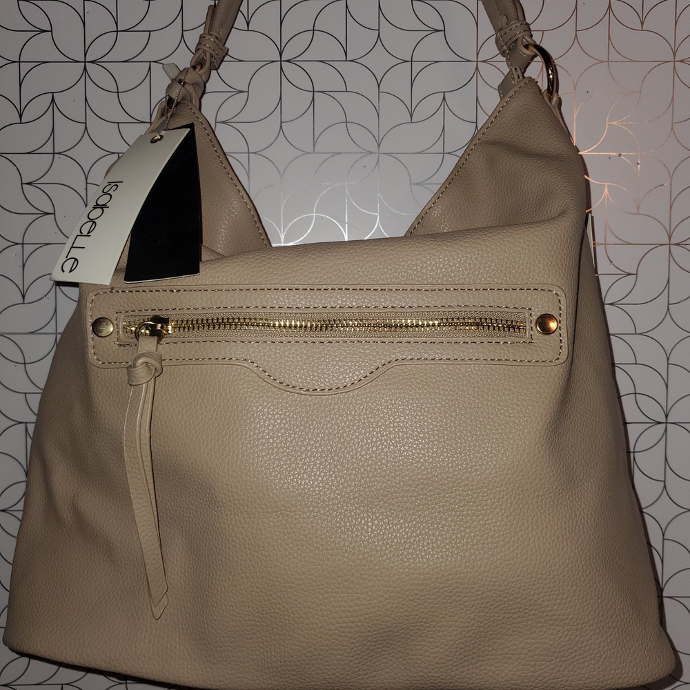 Nicole Miller Taupe Leather Shoulder Hobo Bag with Gold Hardware